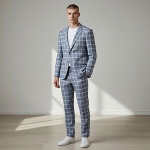Bocaccio Uomo Mens 42S Windowpane Check Pant Suit Blue Sports Coat Trouser 36x32
